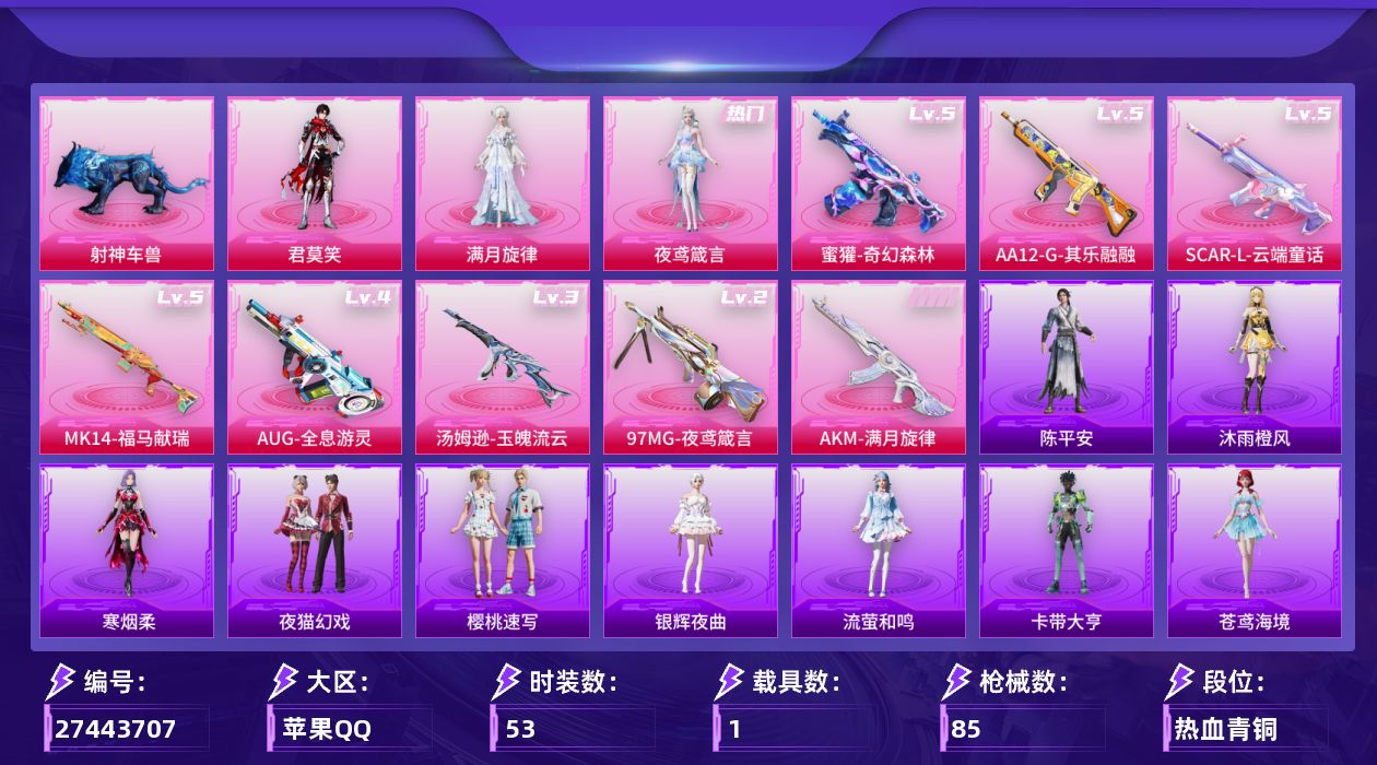 和平精英账号苹果QQ[27443707]无敌战神框1【特价出售/店主推荐】苹果手Q-历史最高段位：无敌战神-3粉装-8特效枪-1载具-5粉色飞行器-25716热力值-3王牌印记-53套装-85枪皮【粉色套装】：角色-满月