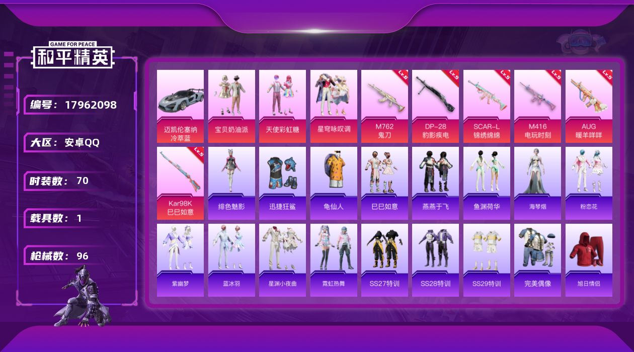 和平精英账号安卓QQ[17962098]安卓 手Q-3粉装-6特效枪-1载具-0粉色飞行器-29579热力值-2王牌印记-70套装-96枪皮
【热门品类】：套装-龟仙人
【粉色套装】：粉装-宝贝奶油派，粉装-天使彩虹糖，