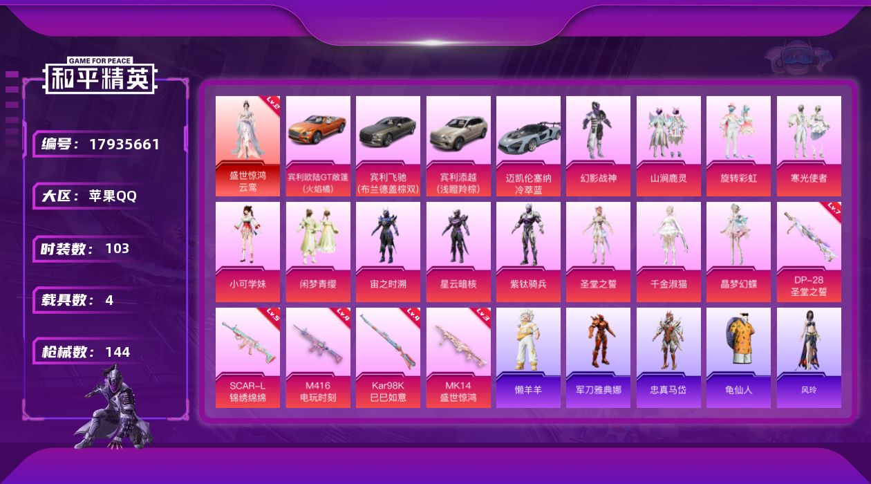 和平精英账号苹果QQ[17935661]【特价出售/店主推荐】苹果 手Q-1神装-12粉装-5特效枪-4载具-4粉色飞行器-56935热力值-3王牌印记-103套装-144枪皮【红色神装等级】：盛世惊鸿-云鸾(二级)【热