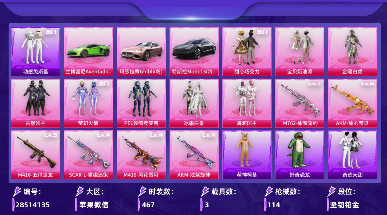 []8粉装 6特效枪 3载具 6印记 可二次 可修改实名 
【热门装扮】梦幻火箭(新101) ,甜心巧克力,金曜白虎,宝贝奶油派,古堡领主,PEL轰鸣竞梦者,冰霜白皇,海渊国主,动感兔斯基,奇迹天团,萌神柯基,潮萌小黄鸭,好奇恐龙,暗夜魅影
【载具】玛莎拉蒂Ghibli(粉),特斯拉
