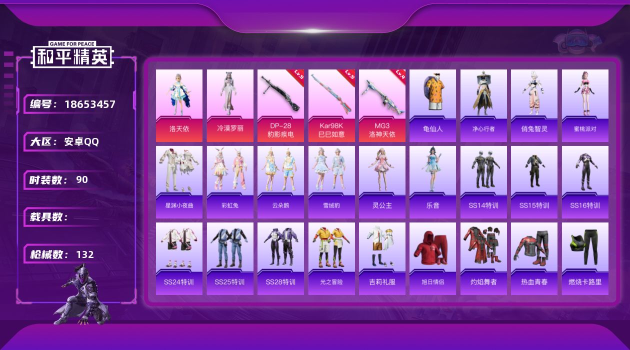 和平精英账号安卓QQ[18653457]安卓 手Q-3粉装-9特效枪-0载具-4粉色飞行器-40577热力值-2王牌印记-90套装-132枪皮
【热门品类】：套装-龟仙人
【粉色套装】：角色-女王，角色-洛天依，角色-冷