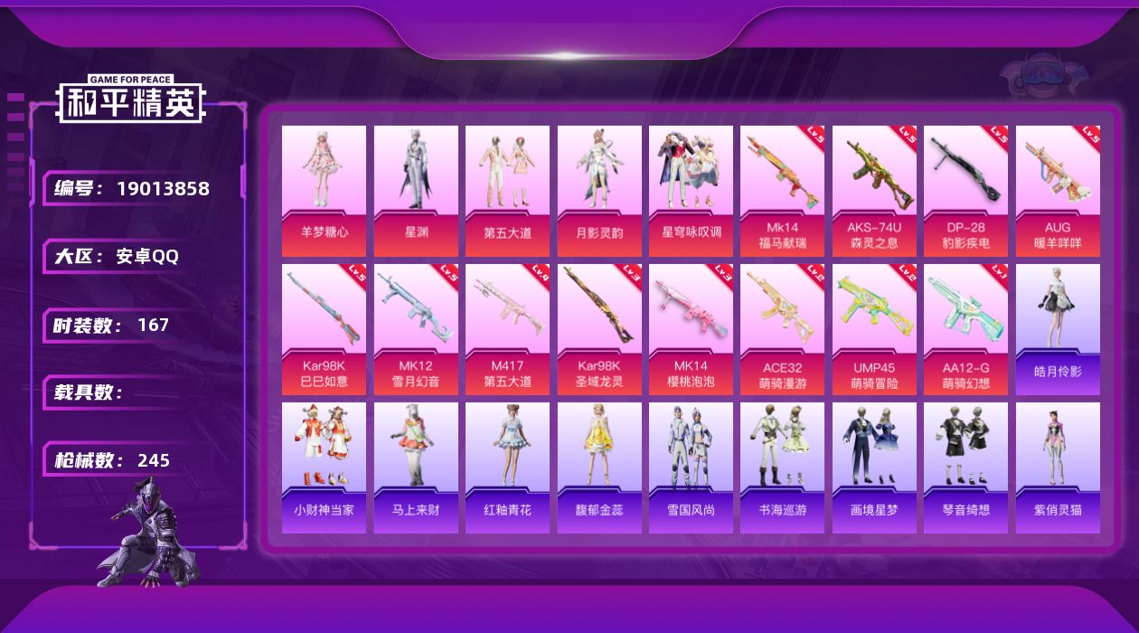 和平精英账号安卓QQ[19013858]安卓 手Q-5粉装-12特效枪-0载具-4粉色飞行器-66374热力值-7王牌印记-167套装-245枪皮
【热门品类】：套装-浪漫天命，套装-龟仙人，套装-粉红小猪
【粉色套装】