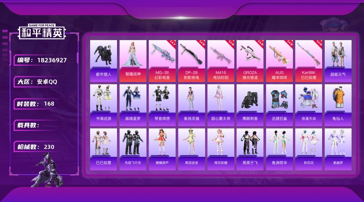 和平精英账号安卓QQ[18236927]安卓 手Q-1粉装-8特效枪-0载具-1粉色飞行器-61643热力值-15王牌印记-168套装-230枪皮
【热门品类】：套装-浪漫天命，套装-都市猎人，套装-龟仙人
【粉色套装】