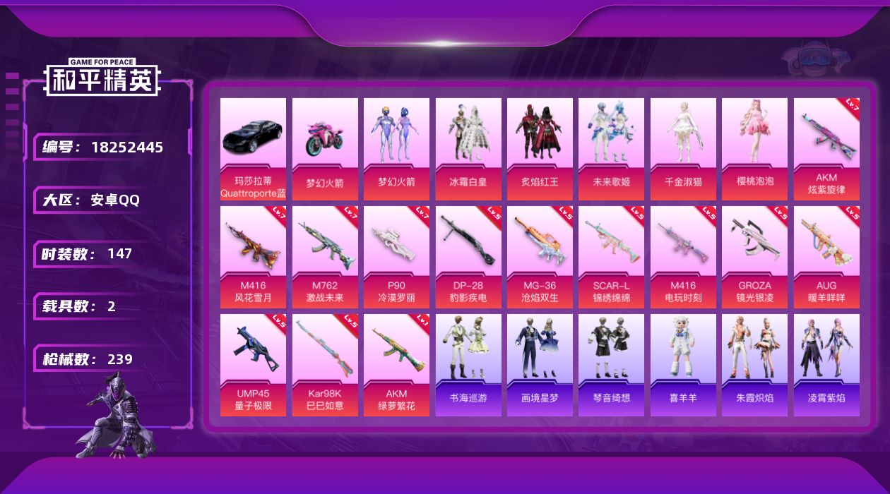 和平精英账号安卓QQ[18252445]可二次【特价出售/店主推荐】安卓 手Q-7粉装-14特效枪-2载具-3粉色飞行器-74587热力值-12王牌印记-147套装-239枪皮【热门品类】：粉装-梦幻火箭，套装-龟仙人，