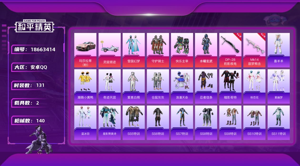 和平精英账号安卓QQ[18663414]安卓 手Q-5粉装-6特效枪-2载具-1粉色飞行器-46268热力值-4王牌印记-131套装-140枪皮
【热门品类】：粉装-雪国幻梦，套装-浪漫天命，套装-忍者信条，套装-SS1