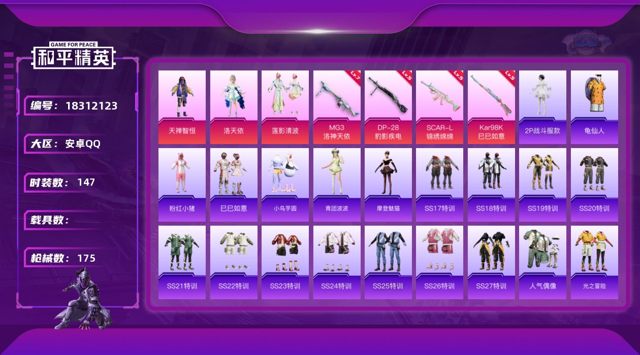 和平精英账号安卓QQ[18312123]安卓 手Q-3粉装-6特效枪-0载具-1粉色飞行器-48723热力值-9王牌印记-147套装-175枪皮
【热门品类】：角色-2P战斗服款，套装-龟仙人，套装-粉红小猪
【粉色套装