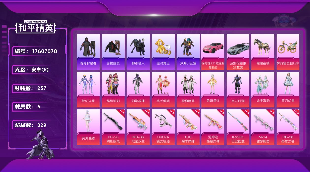 和平精英账号安卓QQ[17607078]可二次【特价出售/店主推荐】 绝世印记1 安卓 手Q-11粉装-12特效枪-5载具-11粉色飞行器-106933热力值-17王牌印记-257套装-329枪皮【热门品类】：粉装-梦幻