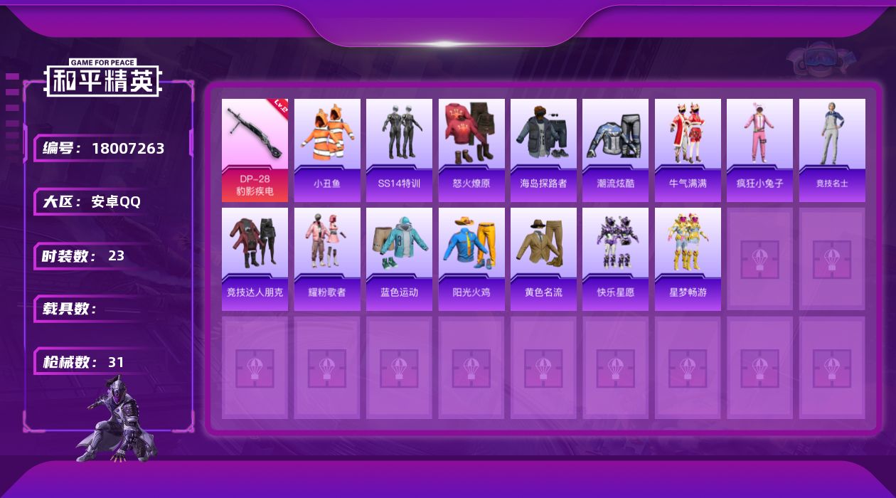 和平精英账号安卓QQ[18007263]安卓 手Q-0粉装-3特效枪-0载具-0粉色飞行器-7719热力值-2王牌印记-23套装-31枪皮
【热门品类】：套装-小丑鱼
【粉色枪皮等级】：UMP45-萌骑冒险(一级)，Mk