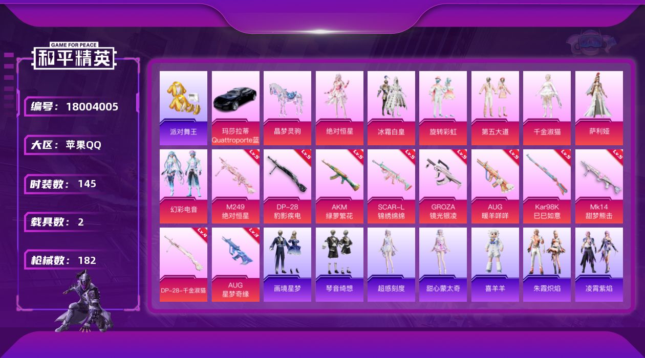和平精英账号苹果QQ[18004005]【特价出售/店主推荐】苹果 手Q-9粉装-11特效枪-2载具-5粉色飞行器-57695热力值-10王牌印记-145套装-182枪皮【热门品类】：套装-浪漫天命，套装-派对舞王，套装