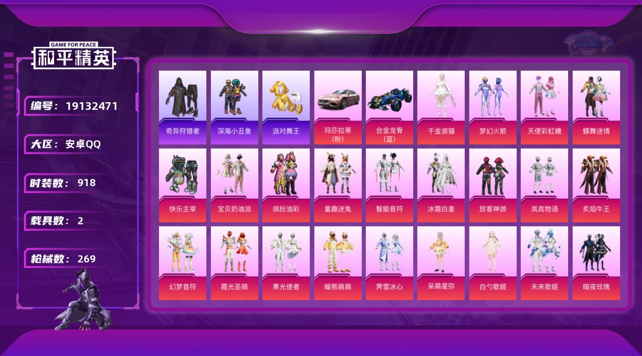 和平精英账号安卓QQ2载具-240套装-269枪皮-5稀有2载具23粉装9特效枪24热门240套装269枪皮 97458
