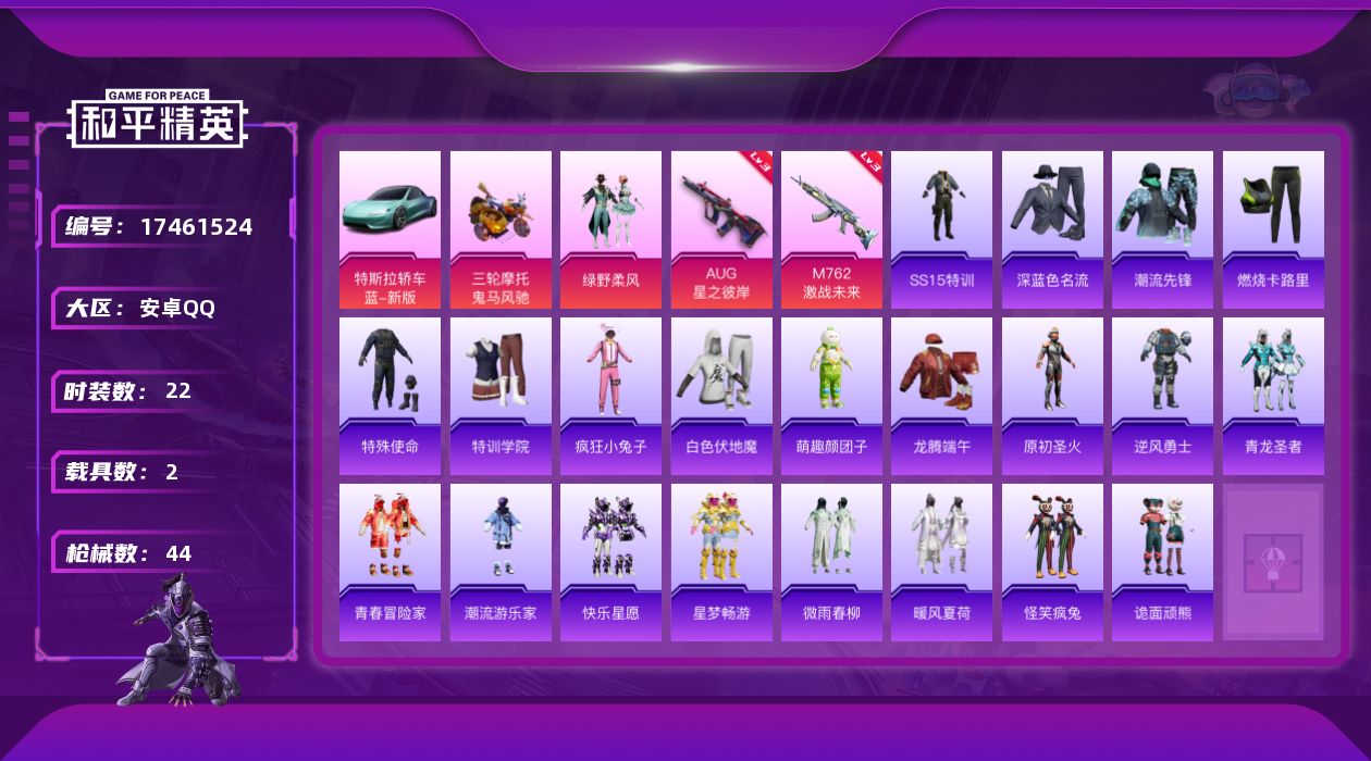 和平精英账号安卓QQ[17461524]安卓 手Q-1粉装-2特效枪-2载具-1粉色飞行器-16379热力值-0王牌印记-22套装-44枪皮【粉色套装】：粉装-绿野柔风【粉色枪皮等级】：AUG-星之彼岸(三级)，M762