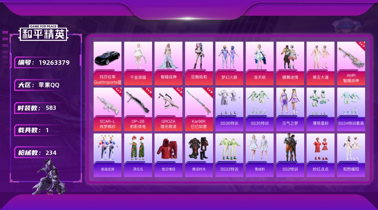 和平精英账号苹果QQ1载具-162套装-234枪皮-1载具7粉装5特效枪9热门162套装234枪皮 75381热力值 1