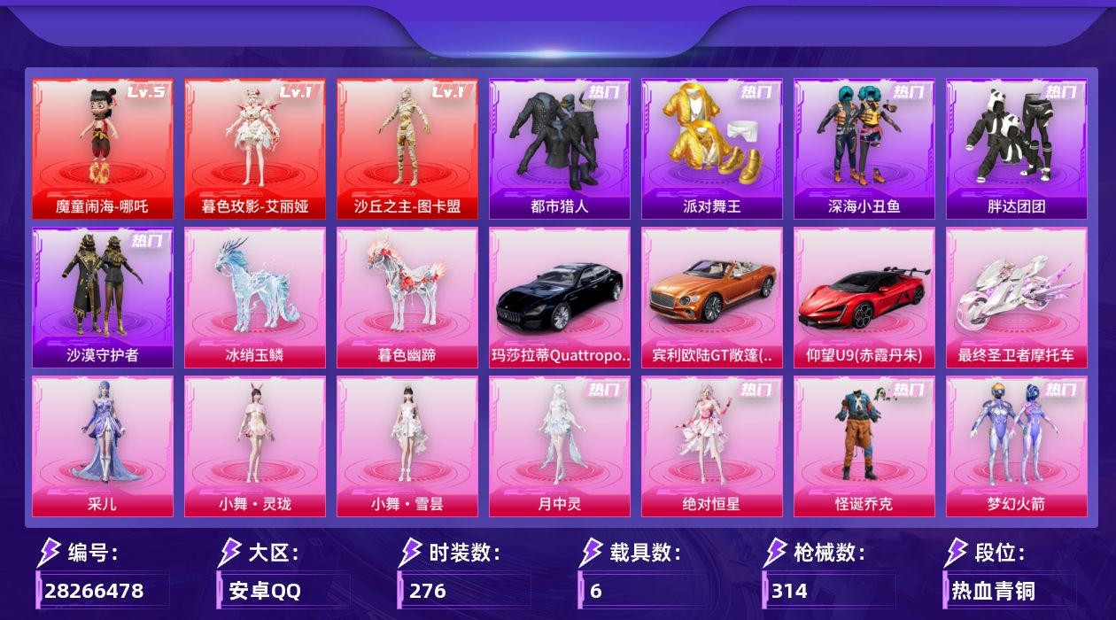 [28266478]安卓手Q-3神装-24粉装-15特效枪-6载具-12粉色飞行器-126187热力值-11王牌印记-276套装-314枪皮
【红色神装等级】：暮色玫影-艾丽娅(一级)，魔童闹海-哪吒(五级)，沙丘之主-图卡盟(一级)
【红色角色神装】：暮色玫影-艾丽娅，魔童闹海-哪吒，沙丘之主-图卡盟
【热门品类】：粉装-怪诞乔克，粉装-梦幻火箭，粉装-童趣迷兔，套装-浪漫天命，套装-都市猎人，套装-派对舞王，套装-深海小丑鱼，套装-小丑鱼，套装-胖达团团，套装-沙漠守护者，套装-AG战队服，套装-龟仙人，套装-潮萌小黄鸭，套装-浪漫波比，角色-Mark.06
【粉色套装】：角色-绝对恒星，粉装-怪诞乔克，粉装-甜心巧克力，粉装-宝贝奶油派，粉装-天使彩虹糖，粉装-蝶舞迷情，粉装-梦幻火箭，粉装-放客神游，粉装-古堡领主，粉装-童趣迷兔，粉装-炙焰红王，粉装-烈焰拳霸，粉装-恐龙拽拽，粉装-甜梦小狐，粉装-第五大道，粉装-仲夏莫吉托，角色-圣堂之誓，粉装-夜幕颂歌，角色-小叽联名款，角色-美雪，角色-月中灵，人物-小舞·灵珑，人物-小舞·雪昙，角色-采儿
【粉色枪皮等级】：AKM-幽焰骑士(三级)，AKM-暮色玫影(三级)，SCAR-L-云端童话(五级)，GROZA-旋转彩虹(七级)，AUG-超新星(七级)，汤姆逊-玉魄流云(二级)，AKS-74U-森灵之息(四级)，P90-沙丘之主(三级)，Kar98K-巳巳如意(五级)，Mk14-福马献瑞(五级)，DP-28-圣堂之誓(二级)，DP-28-千金淑猫(一级)，DP-28-豹影疾电(五级)，信号枪-金乌曜日(四级)，燃烧瓶-薄荷可可(六级)
【粉色载具】：玛莎拉蒂Quattroporte（夜幕蓝），宾利欧陆GT敞篷（火焰橘），仰望U9（赤霞丹朱），最终圣卫者摩托车，僚机-冰龙团团，冰绡玉鳞，暮色幽蹄
【粉色枪皮】：AKM-幽焰骑士，AKM-暮色玫影，SCAR-L-云端童话，GROZA-旋转彩虹，AUG-超新星，汤姆逊-玉魄流云，AKS-74U-森灵之息，P90-沙丘之主，Kar98K-巳巳如意，Mk14-福马献瑞，DP-28-圣堂之誓，DP-28-千金淑猫，DP-28-豹影疾电，信号枪-金乌曜日，燃烧瓶-薄荷可可
【粉色飞行器】：绝对恒星飞行器，香车宝马飞行器，梦幻火箭飞行器，夜幕颂歌飞行器，沙丘之主天马，霓虹漫游飞行器，深渊漩涡飞