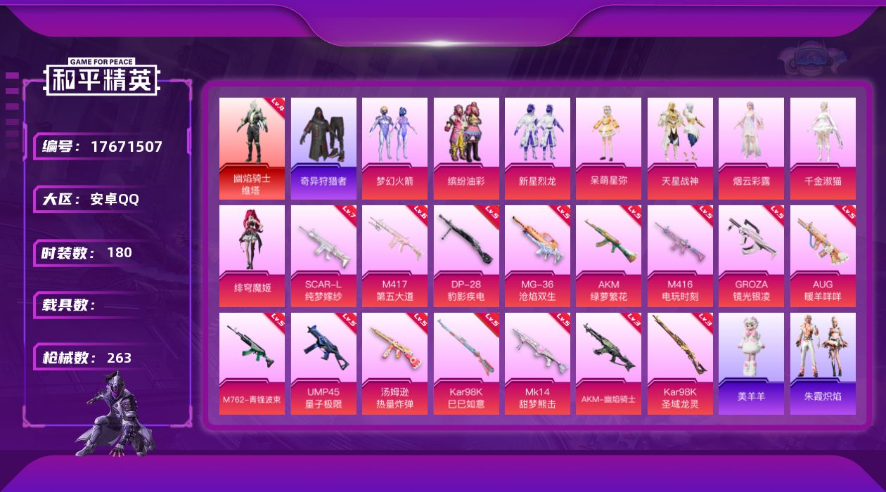 和平精英账号安卓QQ[17671507]安卓 手Q-1神装-8粉装-16特效枪-0载具-6粉色飞行器-91864热力值-15王牌印记-180套装-263枪皮
【红色神装等级】：幽焰骑士-维塔(四级)
【红色角色神装】：幽