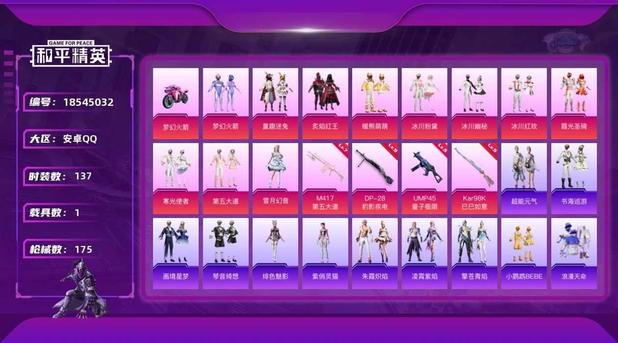 和平精英账号安卓QQ[18545032]安卓 手Q-11粉装-7特效枪-1载具-3粉色飞行器-55588热力值-8王牌印记-137套装-175枪皮
【热门品类】：粉装-梦幻火箭，粉装-童趣迷兔，套装-浪漫天命，套装-龟仙