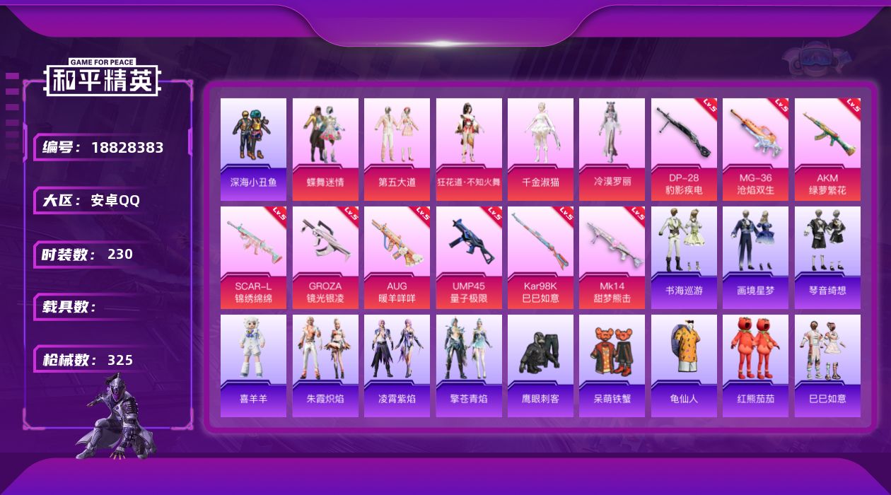 和平精英账号安卓QQ[18828383]安卓 手Q-7粉装-12特效枪-0载具-1粉色飞行器-91133热力值-19王牌印记-230套装-325枪皮
【热门品类】：套装-深海小丑鱼，套装-龟仙人，套装-红熊茄茄
【粉色套