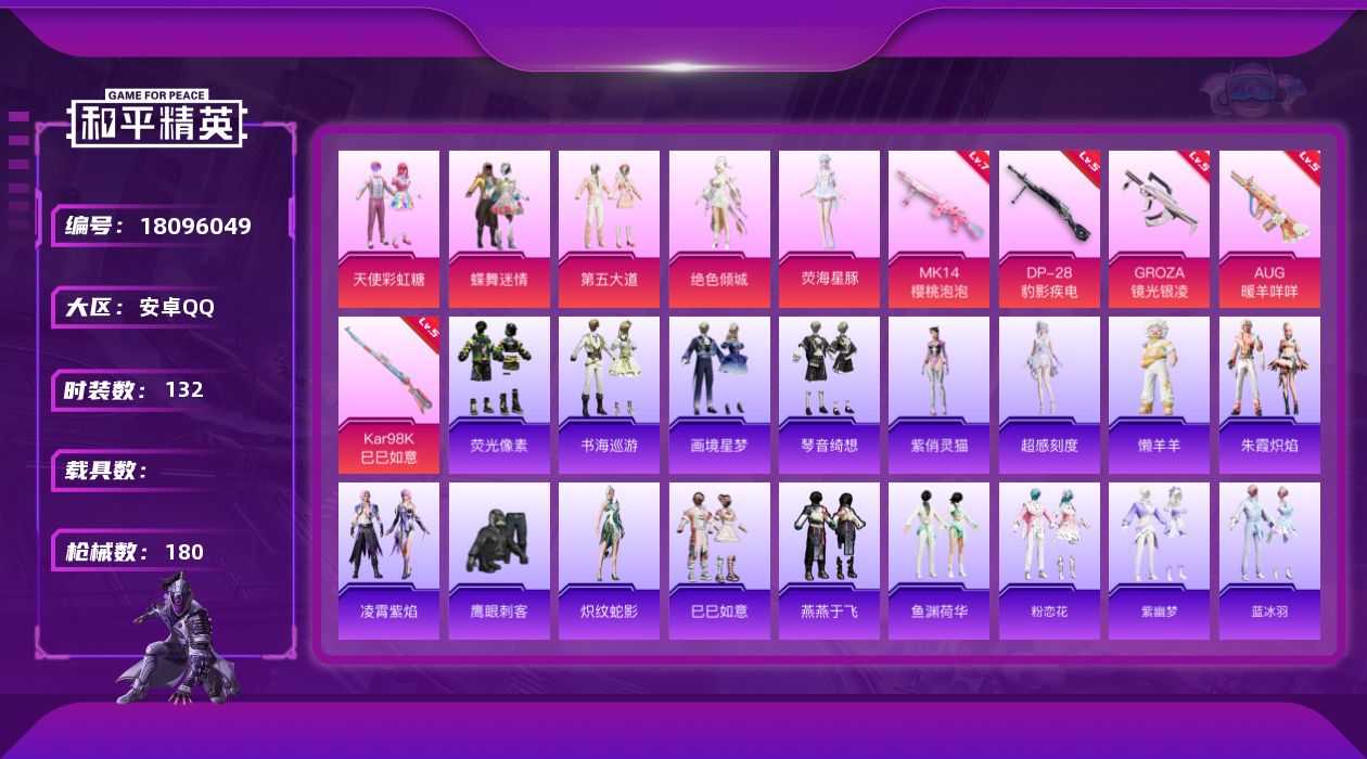 和平精英账号安卓QQ[18096049]【特价出售/店主推荐】安卓 手Q-5粉装-9特效枪-4粉色飞行器-52035热力值-7王牌印记-132套装-180枪皮【粉色套装】：粉装-天使彩虹糖，粉装-蝶舞迷情，粉装-第五大道