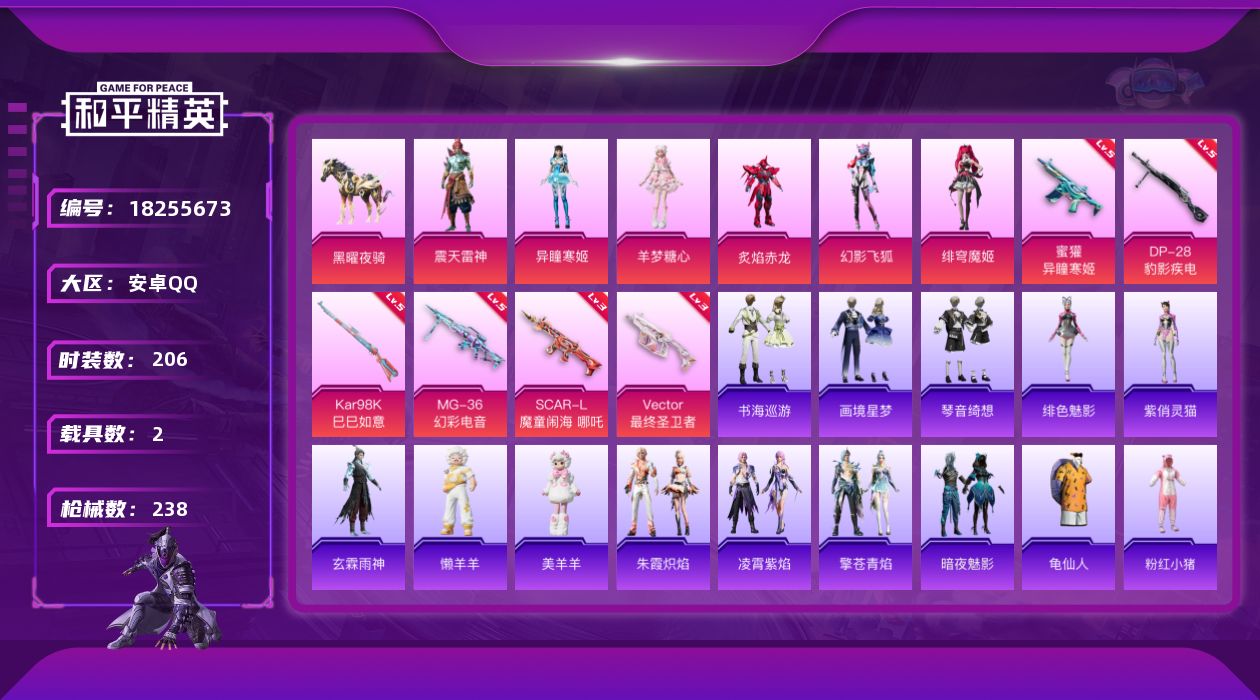 和平精英账号安卓QQ[18255673]安卓 手Q-1神装-9粉装-8特效枪-2载具-10粉色飞行器-84447热力值-14王牌印记-206套装-238枪皮
【红色神装等级】：暮色玫影-艾丽娅(二级)
【红色角色神装】：