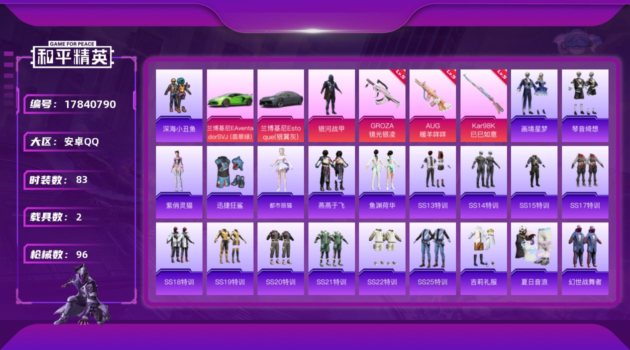 和平精英账号安卓QQ[17840790]安卓 手Q-1粉装-4特效枪-2载具-0粉色飞行器-29738热力值-3王牌印记-83套装-96枪皮
【热门品类】：套装-深海小丑鱼
【粉色套装】：粉装-银河战甲
【粉色枪皮等级】