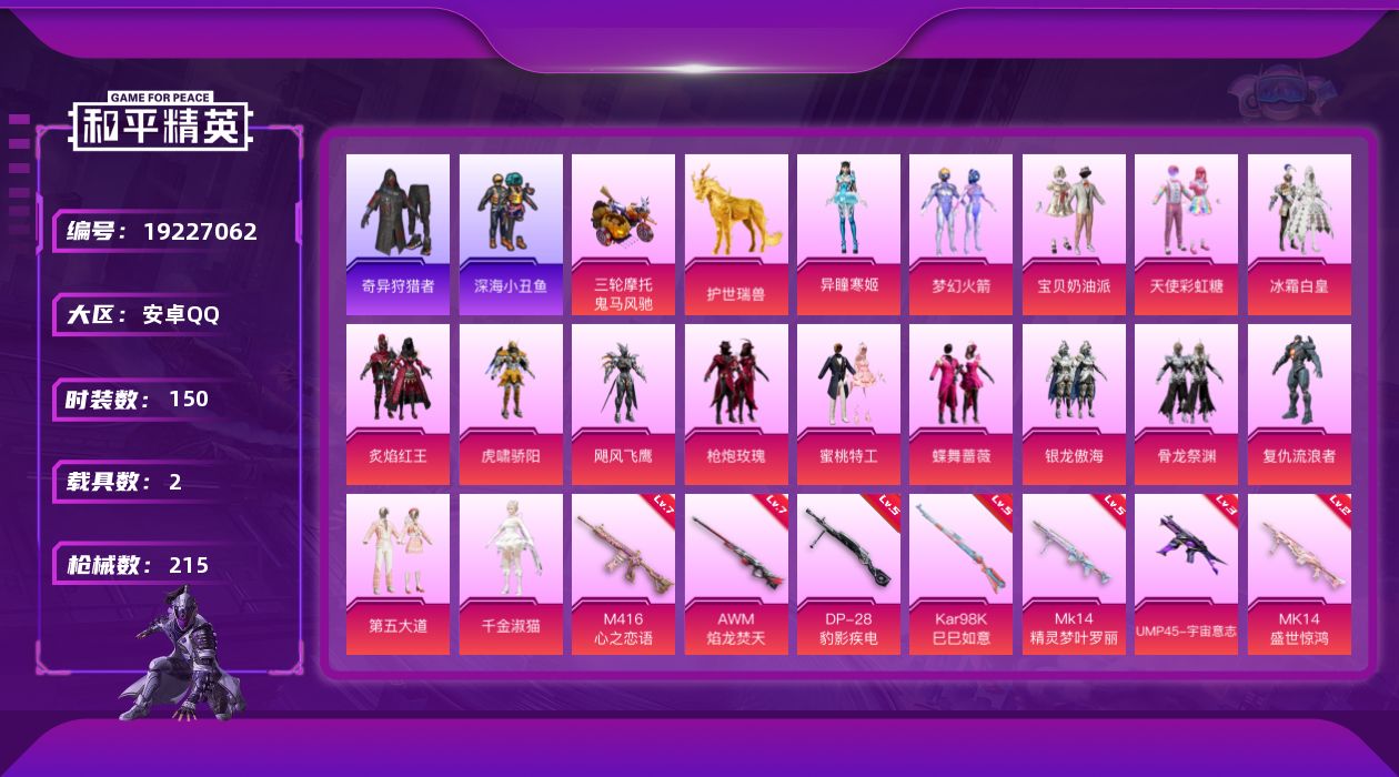 和平精英账号安卓QQ[19227062]安卓 手Q-16粉装-7特效枪-2载具-6粉色飞行器-73320热力值-8王牌印记-150套装-215枪皮
【热门品类】：粉装-梦幻火箭，套装-深海小丑鱼，套装-小丑鱼，套装-奇异