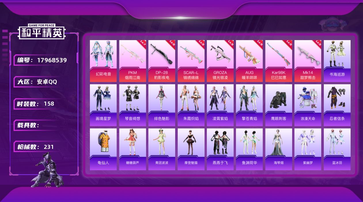 和平精英账号安卓QQ[17968539]安卓 手Q-1粉装-10特效枪-0载具-1粉色飞行器-60113热力值-18王牌印记-158套装-231枪皮
【热门品类】：套装-浪漫天命，套装-忍者信条，套装-龟仙人
【粉色套装