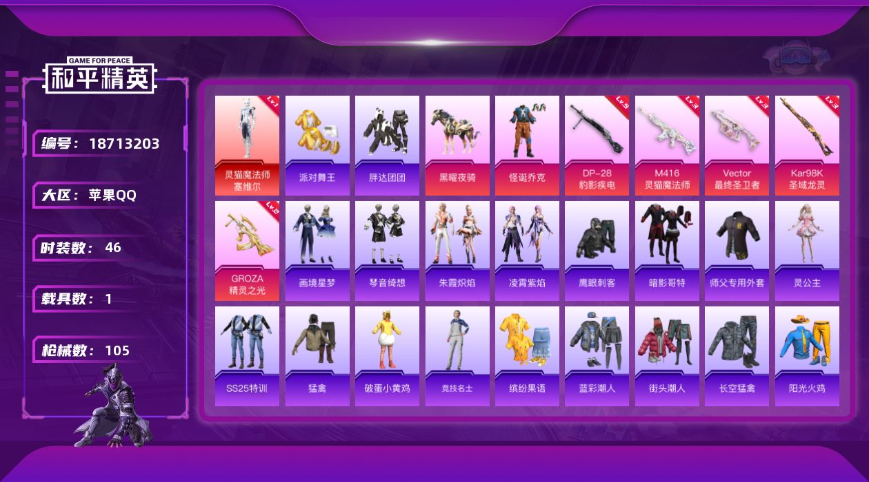 和平精英账号苹果QQ[18713203]素材身法男神套【特价出售/店主推荐】苹果 手Q-1神装-2粉装-9特效枪-1载具-7粉色飞行器-30570热力值-5王牌印记-46套装-105枪皮
【红色神装等级】：灵猫魔法师-塞