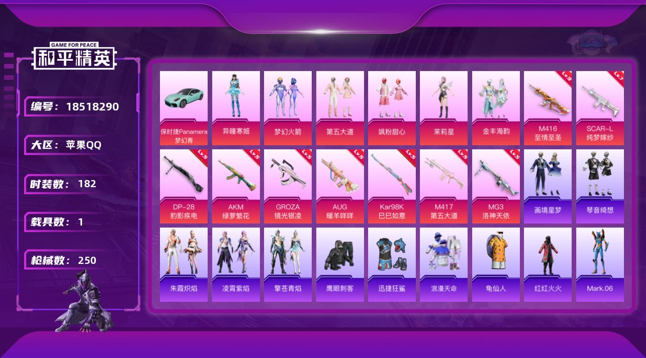 和平精英账号苹果QQ[18518290]苹果 手Q-6粉装-12特效枪-1载具-3粉色飞行器-73440热力值-16王牌印记-182套装-250枪皮
【热门品类】：粉装-梦幻火箭，套装-浪漫天命，套装-龟仙人，套装-红红
