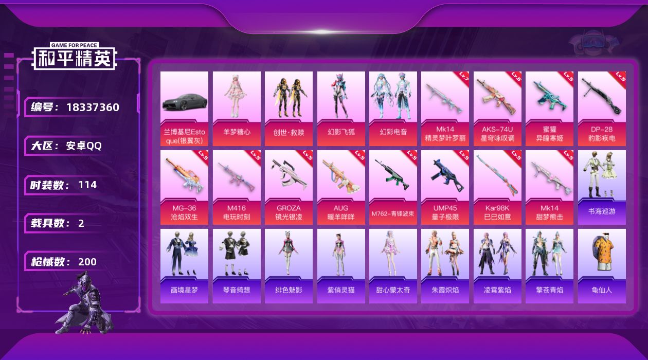 和平精英账号安卓QQ[18337360]安卓 手Q-8粉装-16特效枪-2载具-5粉色飞行器-59583热力值-7王牌印记-114套装-200枪皮
【热门品类】：套装-龟仙人
【粉色套装】：套装-创世·救赎，粉装-幻影飞