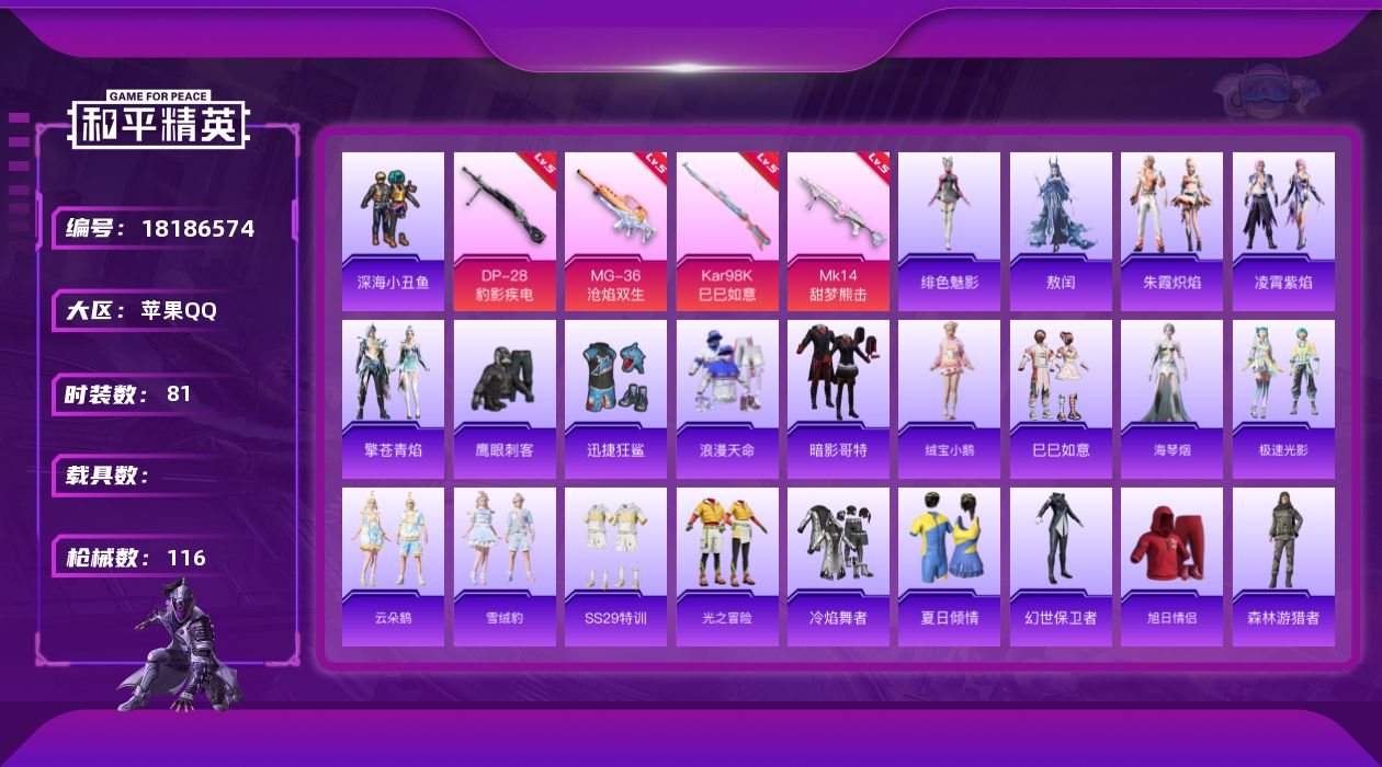 和平精英账号苹果QQ[18186574]实名: 可修改 时装数: 81 枪械数: 116 战备数: 60 热门装扮: 深海小丑鱼,迅捷狂鲨,鹰眼刺客 稀有枪皮: Kar98K-巳巳如意,MK14-甜梦熊击,DP-28-豹