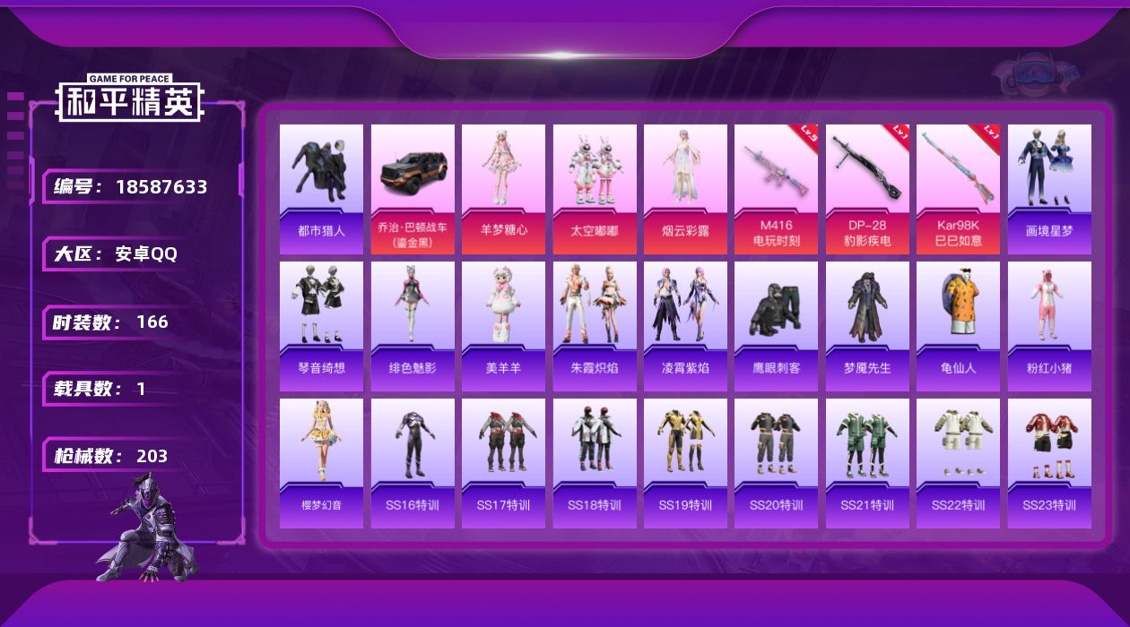 和平精英账号安卓QQ[18587633]166套装/枪械4/装备233/载具1/战备145/王牌印记16/热力值60927/五级M416-电玩时刻/一级Kar98K-巳巳如意/五级Mk14-福马献瑞/一级DP-28-豹影