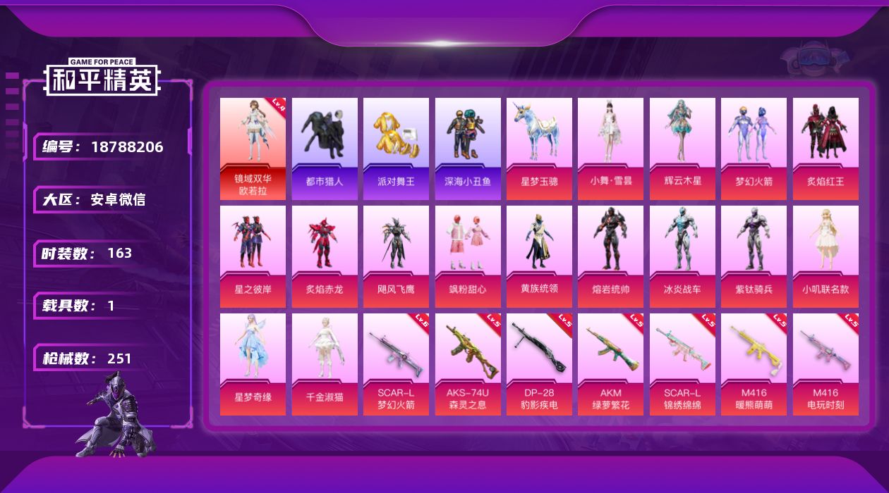 和平精英账号安卓微信[18788206]DAS12158可二次 安卓V-1红装4稀有1载具15粉装14特效枪9热门163套装251枪皮 87338热力值 16印记 历史卓越王牌11星  镜域双华-欧若拉 (4级) 梦幻火