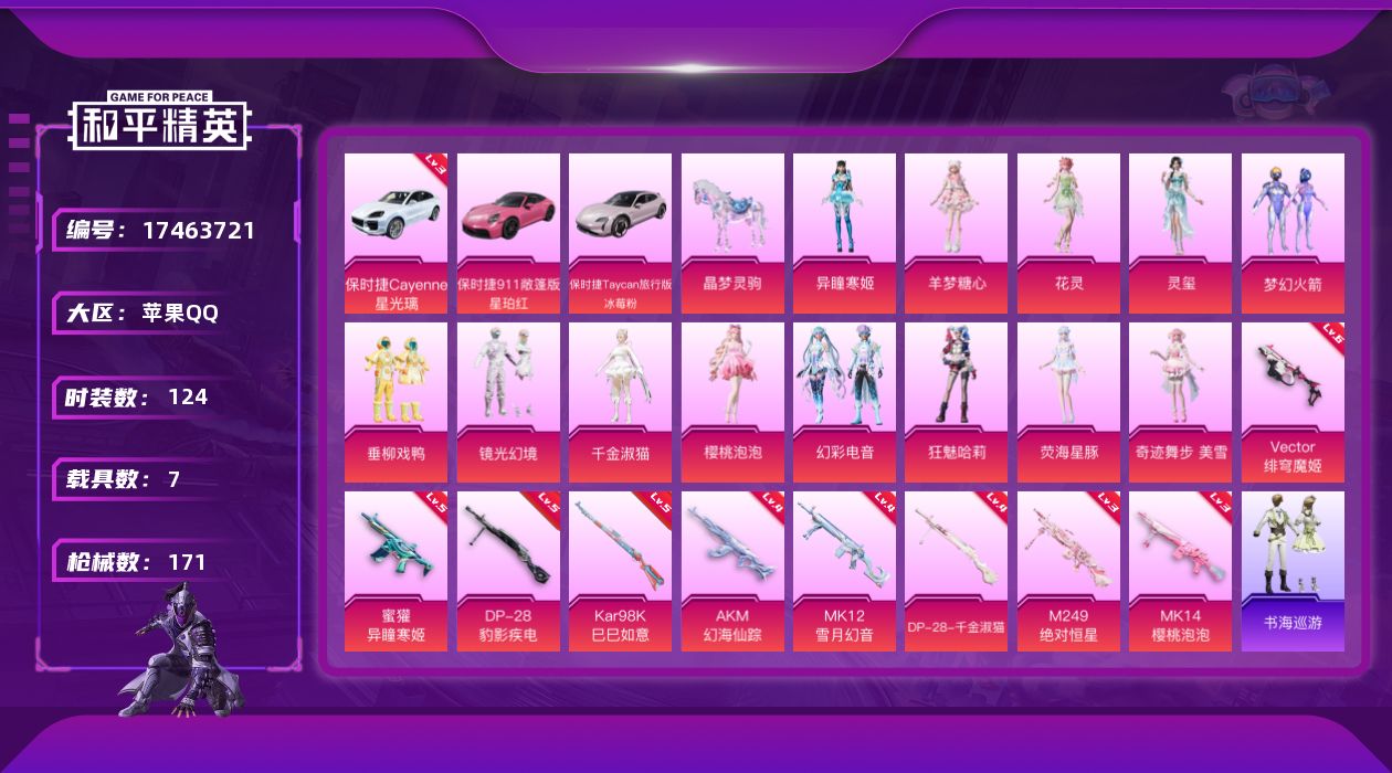 和平精英账号苹果QQ[17463721]苹果 手Q-1神装-13粉装-12特效枪-7载具-7粉色飞行器-65908热力值-7王牌印记-124套装-171枪皮
【红色载具】：保时捷Cayenne（星光璃）(三级)
【红色神