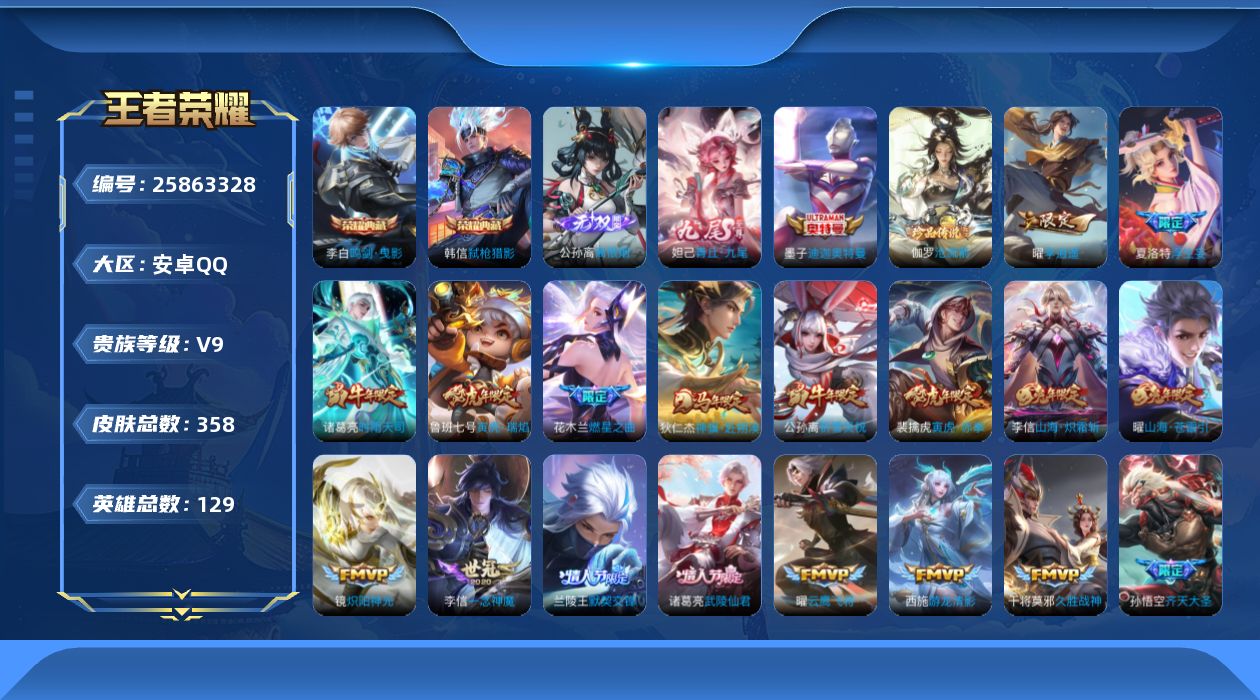 王者荣耀账号安卓QQ贵族9 荣耀典藏2 无双2 珍品传说2 传说皮肤32 史诗皮肤117 皮肤数量358 皮肤价值:302740 英雄129 荣耀王者 总场次7996