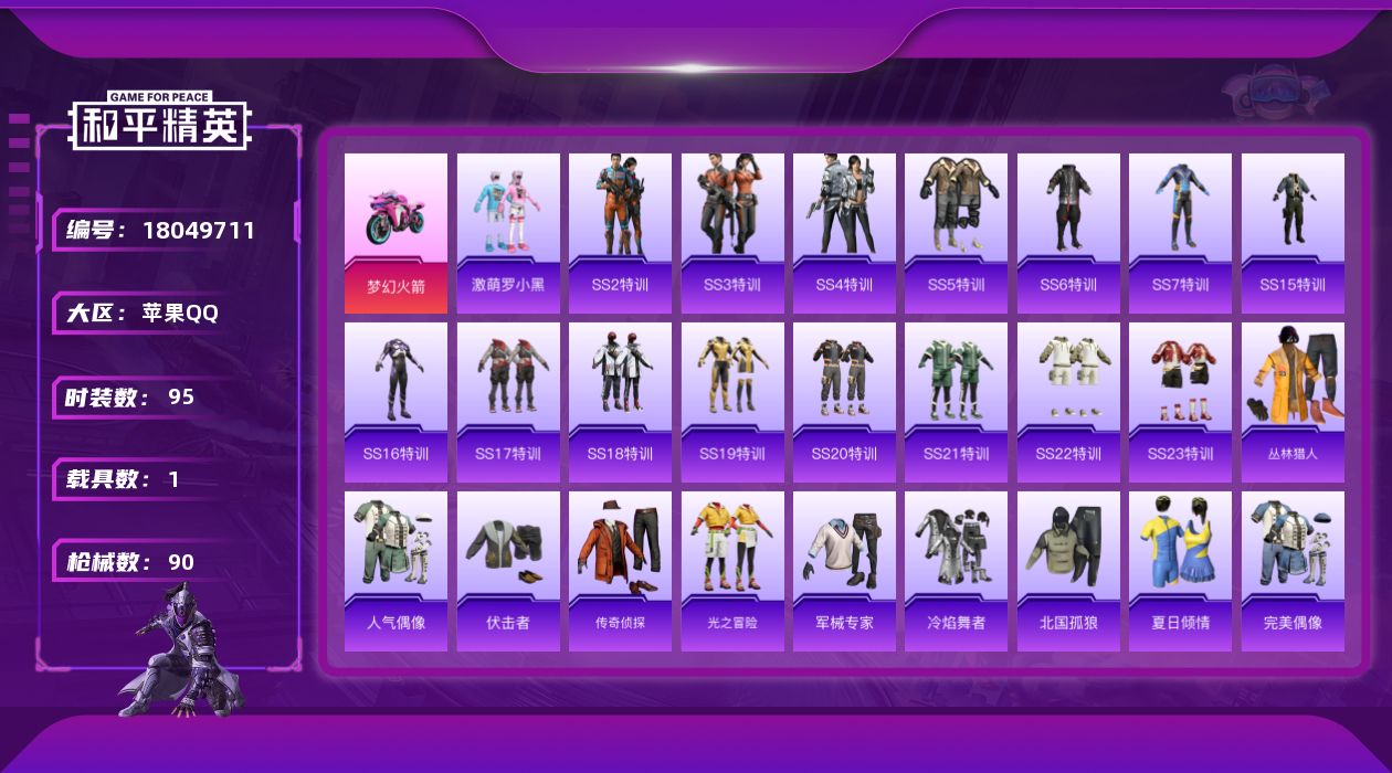 和平精英账号苹果QQ[18049711]可二次【特价出售/店主推荐】苹果 手Q-1载具-29336热力值-2王牌印记-95套装-90枪皮【粉色载具】：双人摩托-梦幻火箭