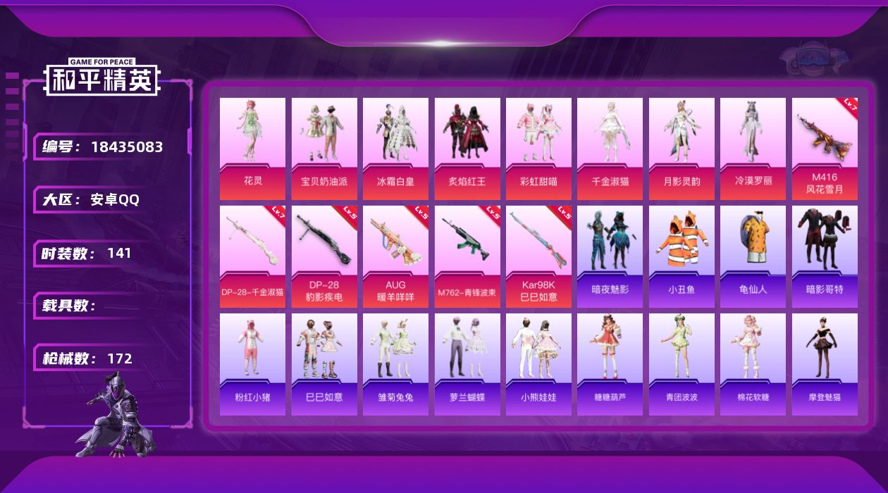 和平精英账号安卓QQ[18435083]安卓 手Q-8粉装-7特效枪-0载具-2粉色飞行器-52727热力值-8王牌印记-141套装-172枪皮
【热门品类】：套装-小丑鱼，套装-龟仙人，套装-暗影哥特，套装-粉红小猪
