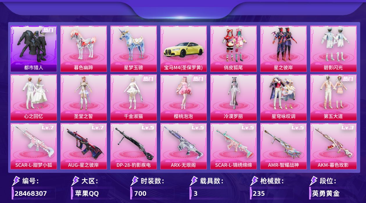 []10粉装 8特效枪 3载具 15印记 不可二次 不可修改实名 
【热门装扮】星穹咏叹调,冷漠罗丽,千金淑猫,樱桃泡泡,俏皮狐尾,星之彼岸,碧影闪光,心之回忆,第五大道,圣堂之誓,潮萌小黄鸭,万圣娃娃,梦魇先生,都市猎人
【载具】星梦玉骢,宝马M4(圣保罗黄),暮色幽蹄
【稀有枪皮