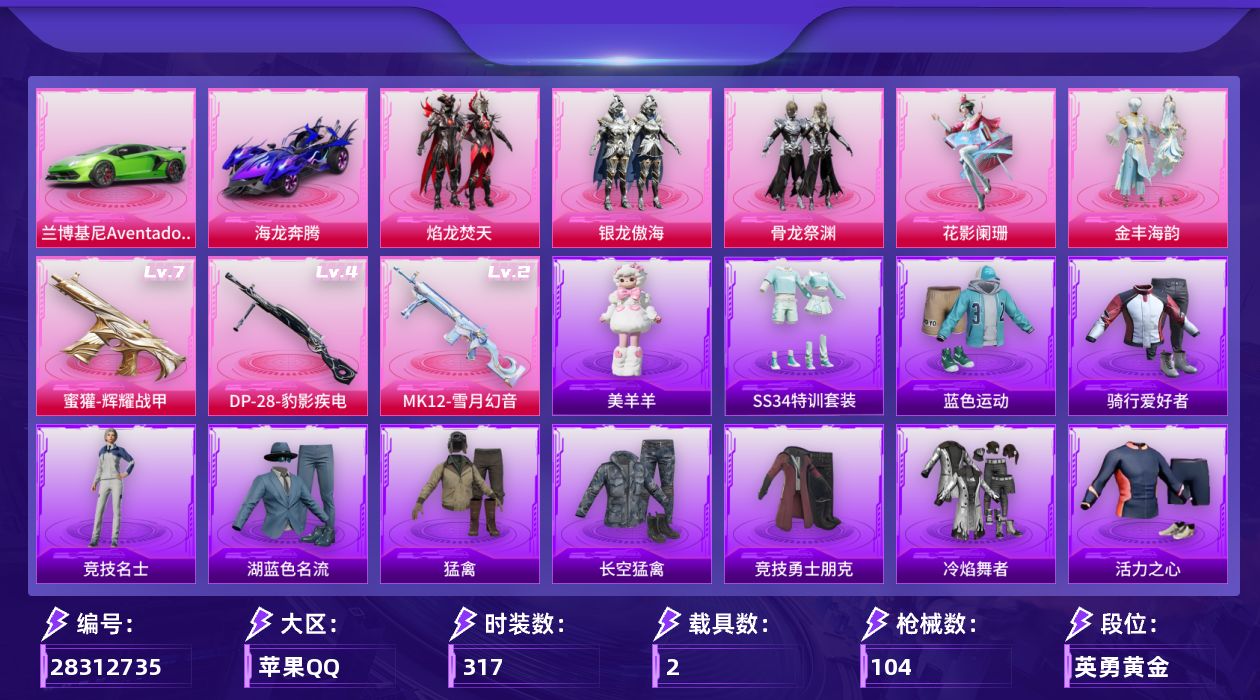 []5粉装 3特效枪 2载具 2印记 可二次 可修改实名 
【热门装扮】焰龙焚天,花影阑珊,银龙傲海,骨龙祭渊,金丰海韵
【载具】海龙奔腾,兰博基尼Aventador SVJ(翡翠绿)
【稀有枪皮】DP-28-豹影疾电,MK12-雪月幻音,蜜獾辉耀战甲
【七级特效枪】七级蜜獾-辉耀战