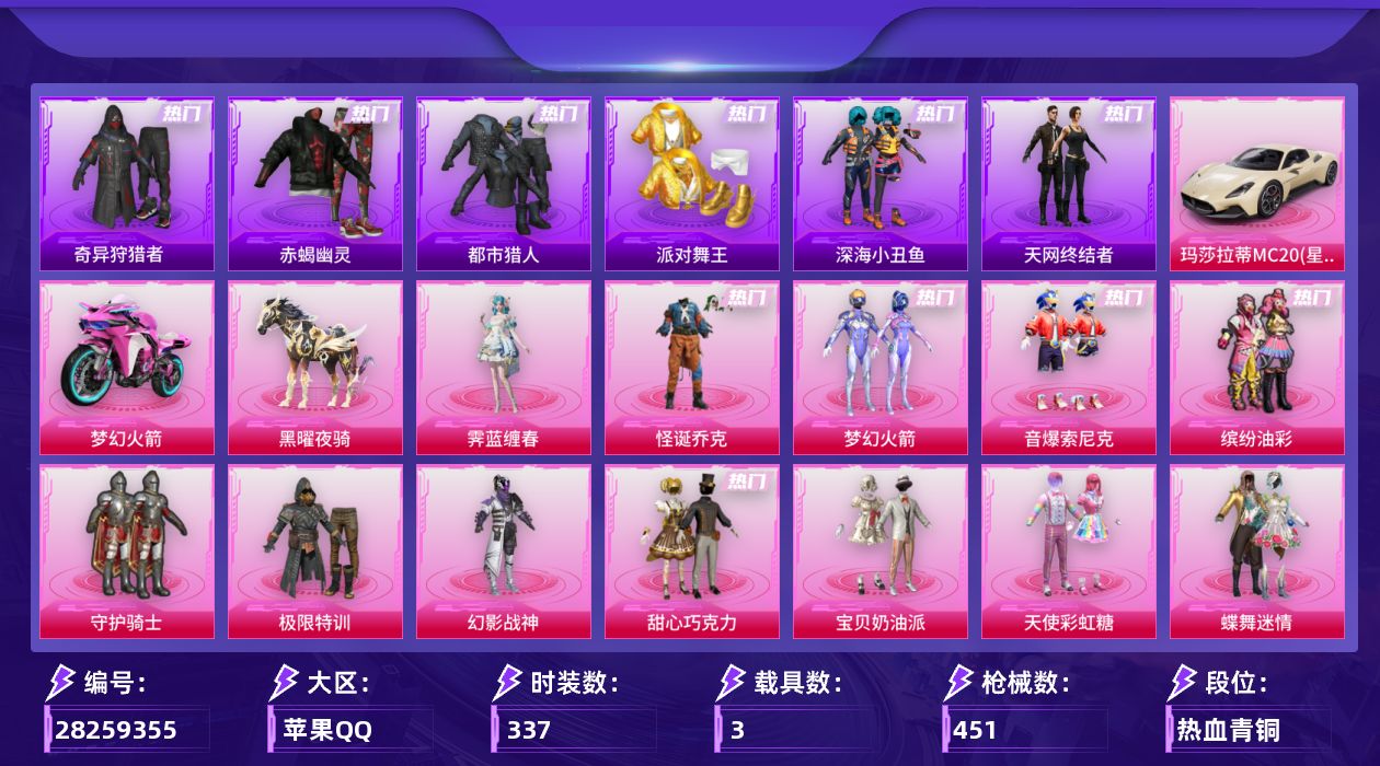 [28259355]苹果手Q-历史最高段位：无敌战神-25粉装-23特效枪-3载具-8粉色飞行器-160890热力值-25王牌印记-337套装-451枪皮
【热门品类】：粉装-怪诞乔克，粉装-梦幻火箭，粉装-音爆索尼克，粉装-缤纷油彩，绝对防御上衣，套装-浪漫天命，套装-赤蝎幽灵，套装-都市猎人，套装-派对舞王，套装-深海小丑鱼，套装-小丑鱼，套装-奇异狩猎者，角色-军刀雅典娜，套装-天网终结者，套装-忍者信条，角色-2B战斗服款，套装-龟仙人，套装-潮萌小黄鸭，套装-暗影哥特，套装-浪漫波比，套装-粉红小猪，套装-糯粉咩咩，套装-软软马卡龙，角色-8号机，角色-Mark.06，套装-红熊茄茄
【粉色套装】：粉装-守护骑士，粉装-极限特训，粉装-幻影战神，粉装-怪诞乔克，粉装-甜心巧克力，粉装-宝贝奶油派，粉装-天使彩虹糖，粉装-蝶舞迷情，粉装-梦幻火箭，粉装-星之信仰，粉装-缤纷油彩，粉装-放客神游，粉装-银刃赛罗，粉装-甜梦小狐，粉装-傲雪凌霜，粉装-霁雪冰心，粉装-甜蜜草莓，粉装-音爆索尼克，粉装-第五大道，粉装-仲夏莫吉托，角色-守护天翼，角色-初号机 觉醒Ver.，角色-狂花道·不知火舞，角色-荧海星豚，角色-霁蓝缠春
【粉色枪皮等级】：AKM-梦之光华(七级)，AKM-绿萝繁花(五级)，SCAR-L-梦幻火箭(七级)，SCAR-L-锦绣绵绵(五级)，M416-五爪金龙(二级)，M416-至情至圣(九级)，M416-电玩时刻(五级)，GROZA-镜光银凌(五级)，AUG-暖羊咩咩(五级)，M762-青锋波束(五级)，Famas-初号机 觉醒Ver.(七级)，ACE32-萌骑漫游(五级)，UMP45-相思残雪(七级)，UMP45-量子极限(五级)，汤姆逊-玉魄流云(五级)，Kar98K-巳巳如意(五级)，M24-星之信仰(五级)，Mk14-福马献瑞(五级)，AA12-G-其乐融融(一级)，M249-绒雪飘舞(七级)，DP-28-豹影疾电(五级)，MG3-辉羽雀灵(三级)
【粉色载具】：玛莎拉蒂MC20（星石白），双人摩托-梦幻火箭，黑曜夜骑
【粉色枪皮】：AKM-梦之光华，AKM-绿萝繁花，SCAR-L-梦幻火箭，SCAR-L-锦绣绵绵，M416-五爪金龙，M416-至情至圣，M416-电玩时刻，GROZA-镜光银凌，AUG-暖羊咩咩，M762-青锋波束，Famas-初号机