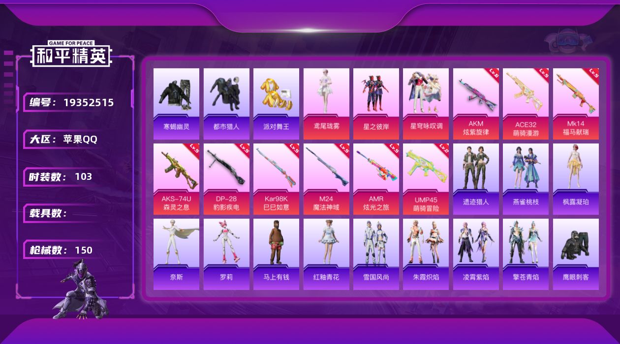 和平精英账号苹果QQ[19352515]103套装/枪械9/装备206/战备116/王牌印记9/热力值46355/六级AKM-炫紫旋律/五级ACE32-萌骑漫游/二级UMP45-萌骑冒险/五级AKS-74U-森灵之息/五