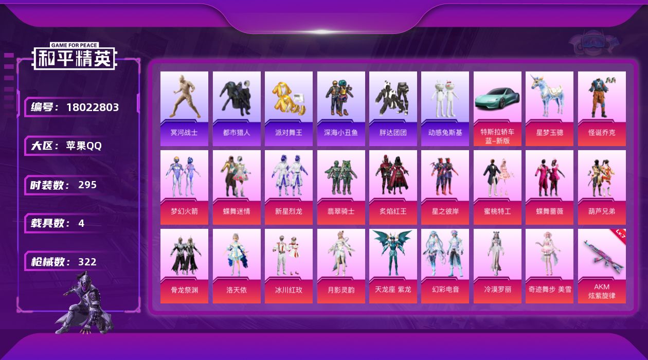和平精英账号苹果QQ[18022803]老木乃伊/绝世印记1/无敌战神框 【特价出售/店主推荐】苹果 手Q-无敌战神框-1神装-21粉装-16特效枪-4载具-13粉色飞行器-121729热力值-20王牌印记-295套装-