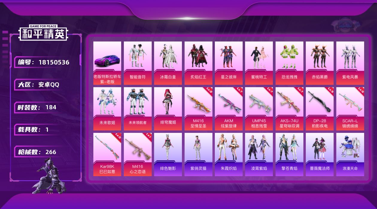 和平精英账号安卓QQ[18150536]【店主推荐捡漏号！可直接换绑】安卓 手Q-11粉装-10特效枪-1载具-1粉色飞行器-84471热力值-17王牌印记-184套装-266枪皮【热门品类】：套装-浪漫天命，套装-金羽