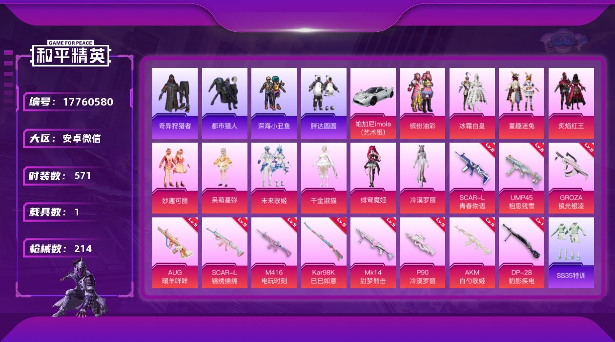 和平精英账号安卓微信[17760580]10粉装 11特效枪 1载具 16印记 可二次 可修改实名 
【热门装扮】奇异狩