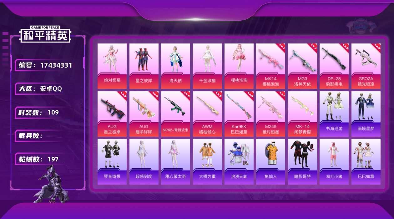 和平精英账号安卓QQ[17434331]安卓 手Q-5粉装-15特效枪-0载具-3粉色飞行器-57653热力值-2王牌印记-109套装-197枪皮
【热门品类】：套装-浪漫天命，套装-龟仙人，套装-暗影哥特，套装-粉红小
