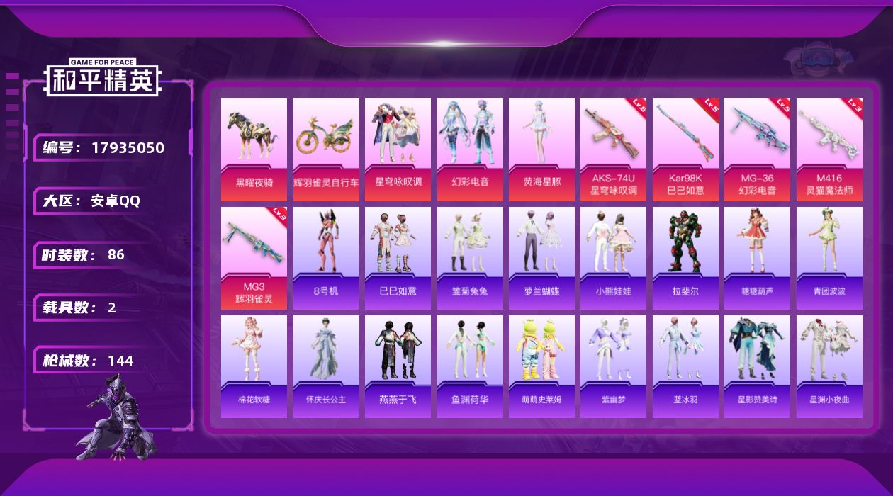 和平精英账号安卓QQ[17935050]有二次可直接换帮  地铁满天赋！【特价出售/店主推荐】安卓 手Q-3粉装-7特效枪-2载具-2粉色飞行器-41116热力值-6王牌印记-86套装-144枪皮
【热门品类】：角色-8