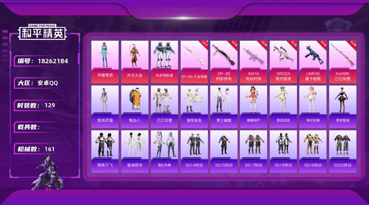 和平精英账号安卓QQ[18262184]安卓 手Q-3粉装-6特效枪-0载具-1粉色飞行器-46500热力值-14王牌印记-129套装-161枪皮
【热门品类】：套装-龟仙人
【粉色套装】：粉装-齐天大圣，粉装-未来领航