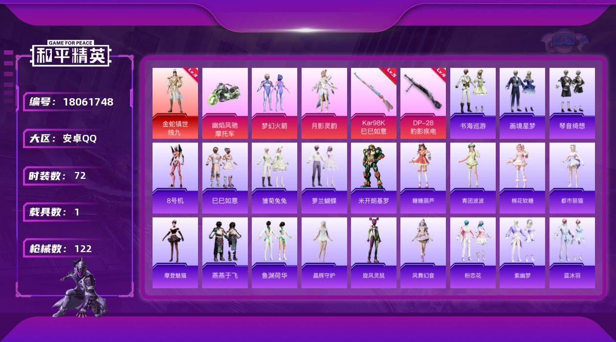 和平精英账号安卓QQ[18061748]可二次【特价出售/店主推荐】安卓 手Q-1神装-3粉装-4特效枪-1载具-35853热力值-2王牌印记-72套装-122枪皮【红色神装等级】：金蛇镇世-烛九(三级)【热门品类】：粉