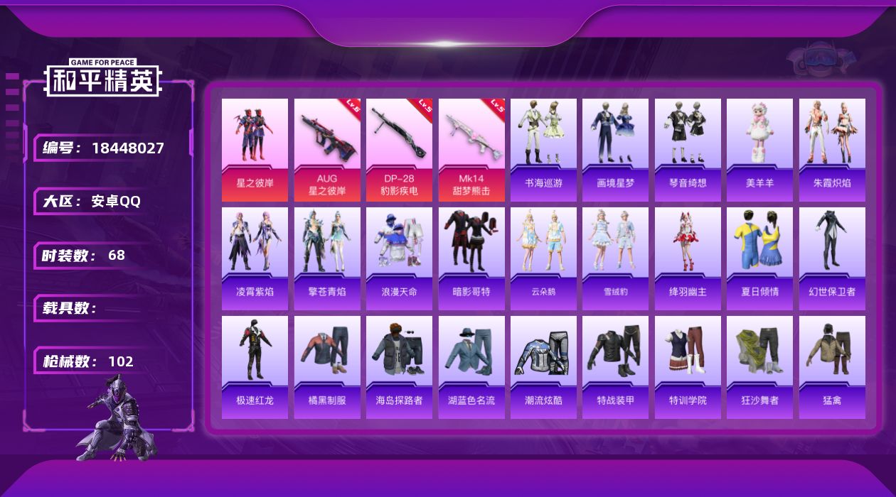 和平精英账号安卓QQ[18448027]安卓 手Q-1粉装-7特效枪-0载具-1粉色飞行器-25226热力值-4王牌印记-68套装-102枪皮
【热门品类】：套装-浪漫天命，套装-暗影哥特
【粉色套装】：粉装-星之彼岸
