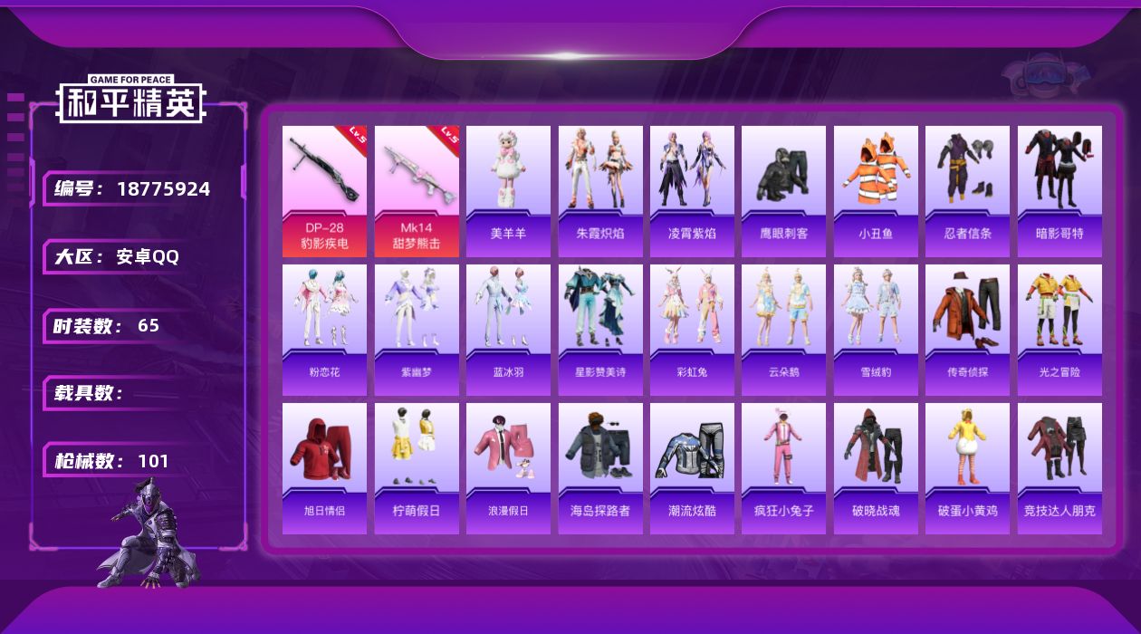 和平精英账号安卓QQ[18775924]安卓 手Q-0粉装-6特效枪-0载具-1粉色飞行器-21470热力值-1王牌印记-65套装-101枪皮
【热门品类】：套装-小丑鱼，套装-忍者信条，套装-暗影哥特
【粉色枪皮等级】