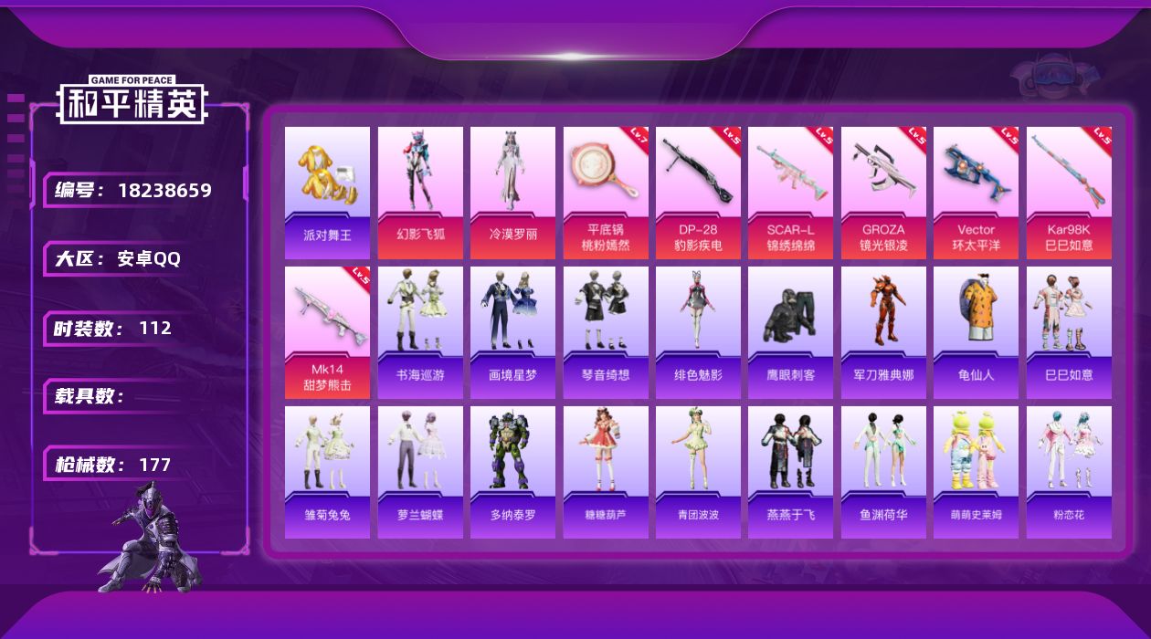 和平精英账号安卓QQ[18238659]安卓 手Q-2粉装-10特效枪-0载具-1粉色飞行器-44977热力值-8王牌印记-112套装-177枪皮
【热门品类】：套装-派对舞王，角色-军刀雅典娜，套装-龟仙人
【粉色套装