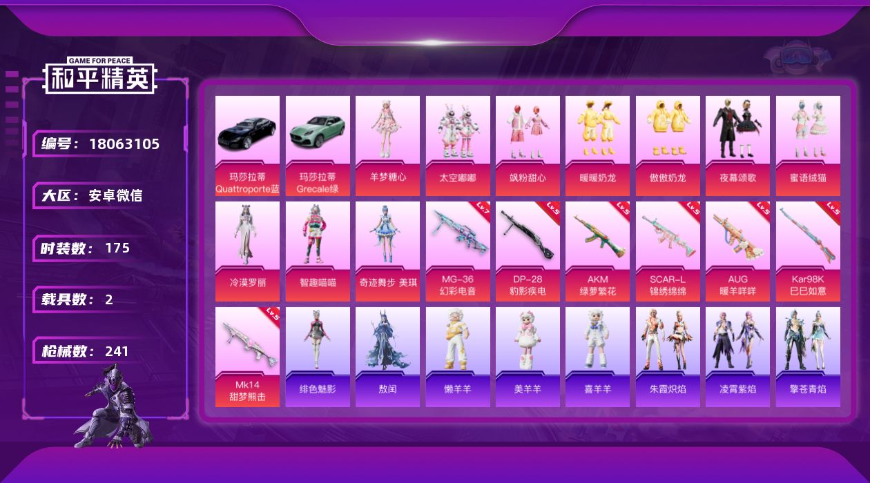 和平精英账号安卓微信[18063105]安卓 微信-11粉装-9特效枪-2载具-8粉色飞行器-79380热力值-16王牌印记-175套装-241枪皮
【热门品类】：套装-龟仙人，套装-粉红小猪
【粉色套装】：粉装-太空嘟